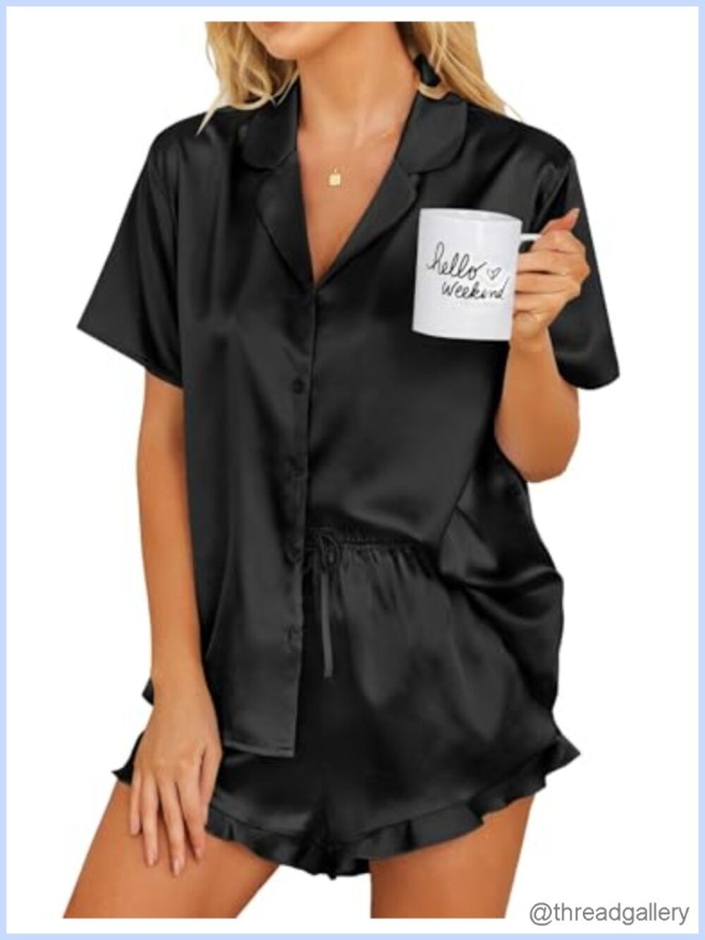 Ekouaer Satin Pajama Set Button Down Silk PJ Shorts Ruffle Sleepwear